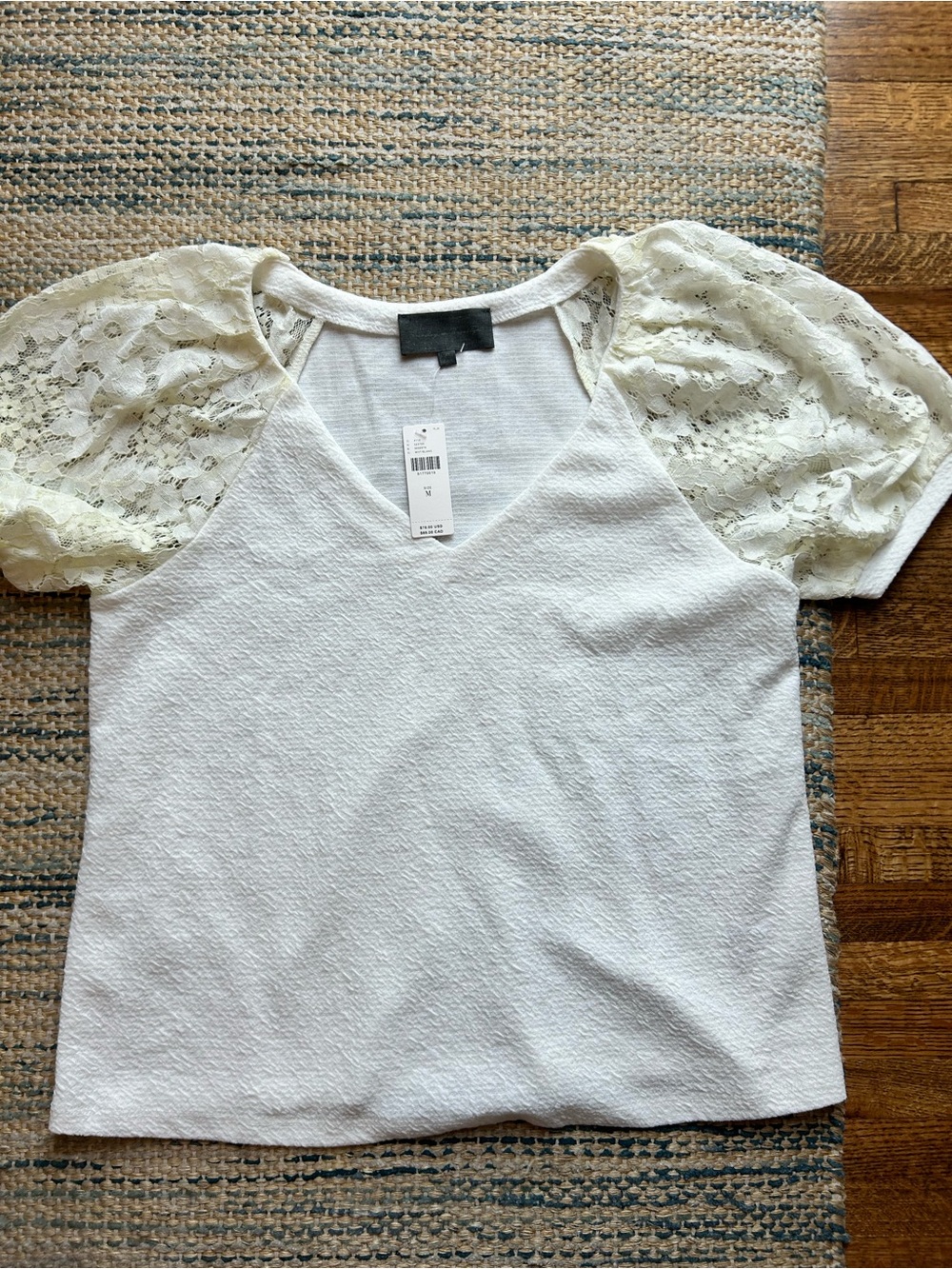 Sunday in Brooklyn Cream Lace Puff Sleeve V-Neck Top